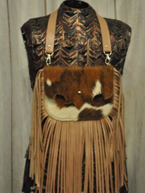 Brindle Cowhide Leather Bag w/ Pink Fringe – Handmade Western Boho Purse